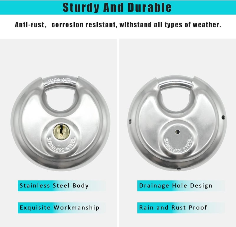 Fuaxat 2Pack Storage Locks for Storage Unit, 2-3/4" Disc Locks Keyed Alike, Outdoor Waterproof Stainless Steel Padlocks for Storage Locker, Shed, Gate, Fence, Heavy Duty Discus Keyed Padlock - Image 4